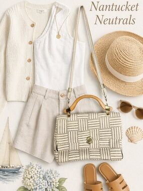 DEBENHAMS Woven Summer Purse Neutral Cream Tan‎ Wooden Handle Old Money Cruise